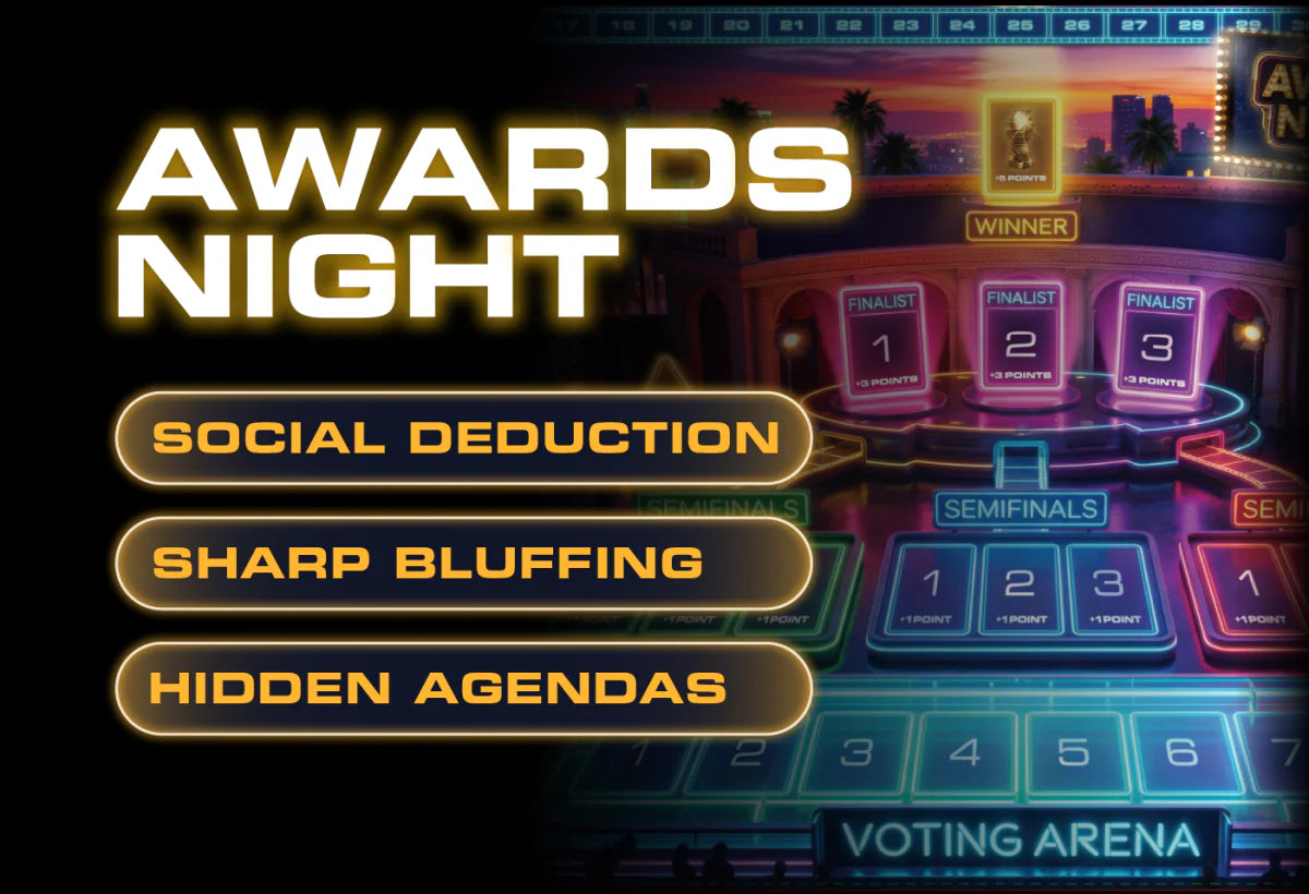 Awards Night mechanics: social deduction, sharp bluffing, hidden agendas, on the neon Voting Arena board.