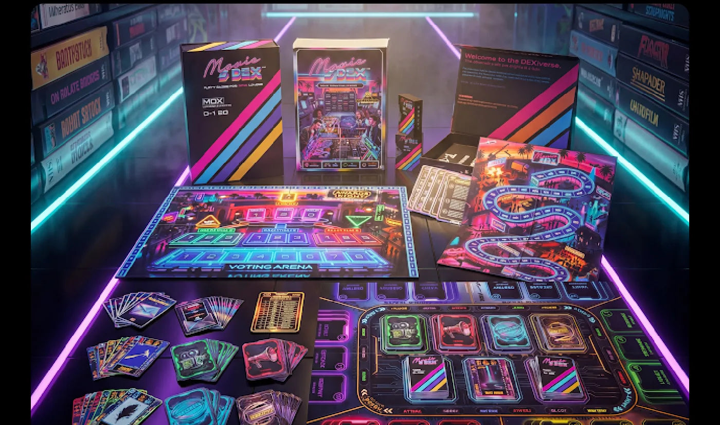 MovieDEX neon flat-lay — box, boards, cards