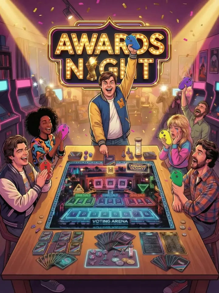 Awards Night — players around the neon Voting Arena board