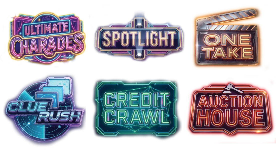 Six more MovieDEX games — Ultimate Charades, Spotlight, One Take, Clue Rush, Credit Crawl, Auction House