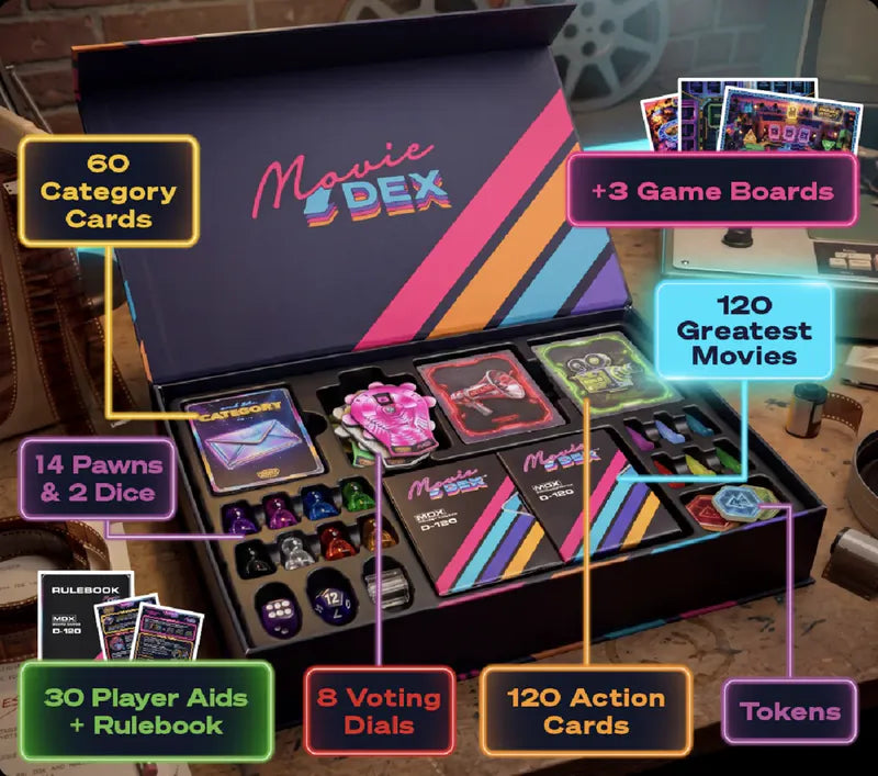 MovieDEX open box with tray — 60 category cards, 3 game boards, 120 movies, pawns, dice, player aids, voting dials, action cards, tokens