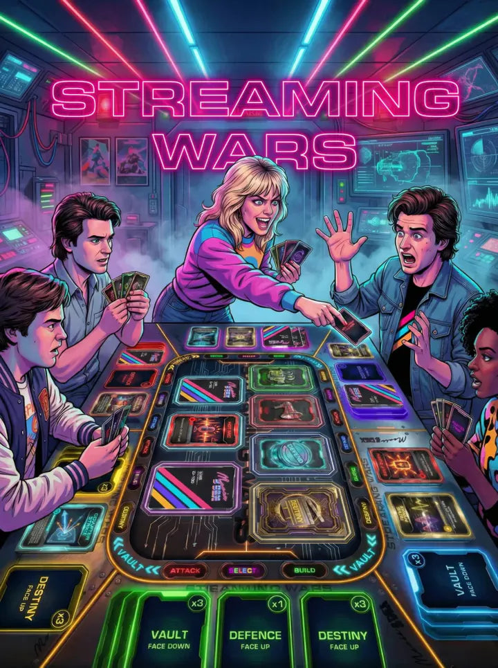 Streaming Wars — players raiding catalogs across the neon board