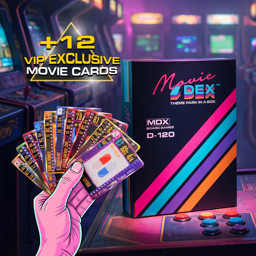 A hand holding MovieDEX movie cards beside the D-120 box and the 12 exclusive VIP cards