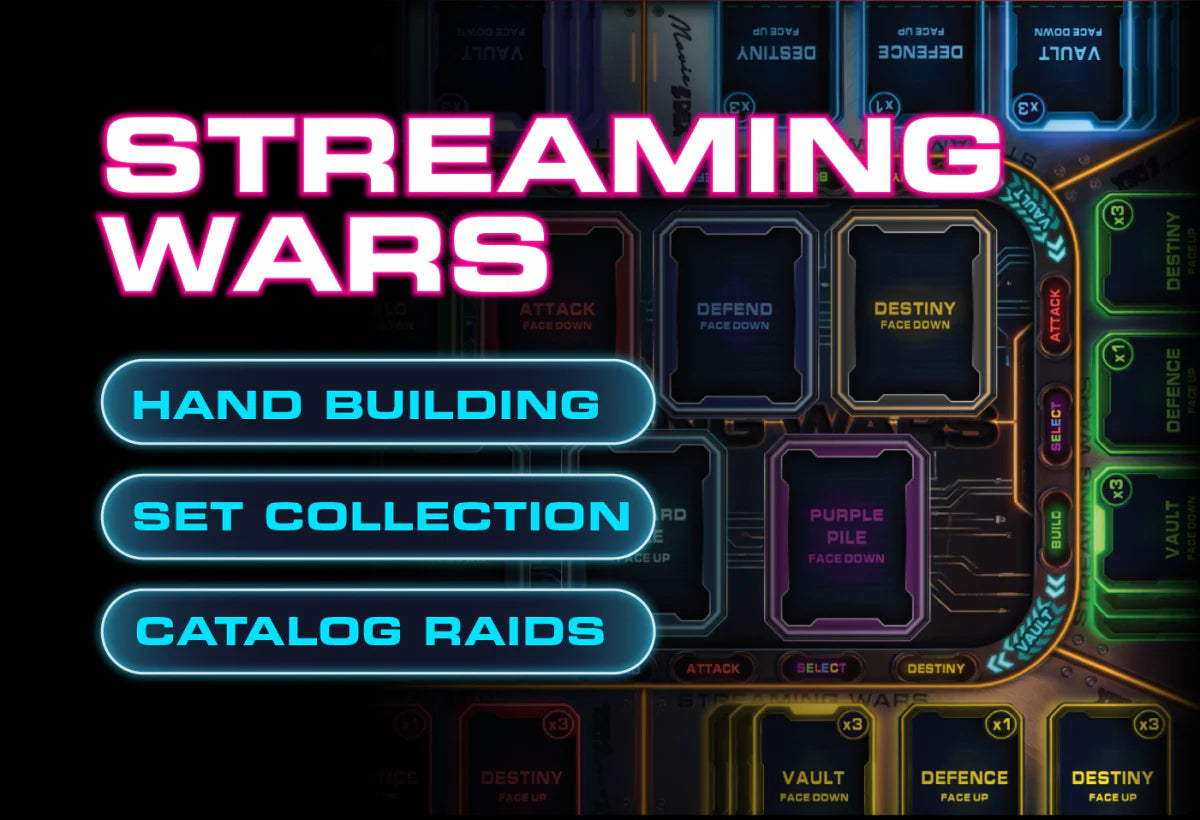 Streaming Wars mechanics: hand building, set collection, catalog raids, on the neon Streaming Wars board.