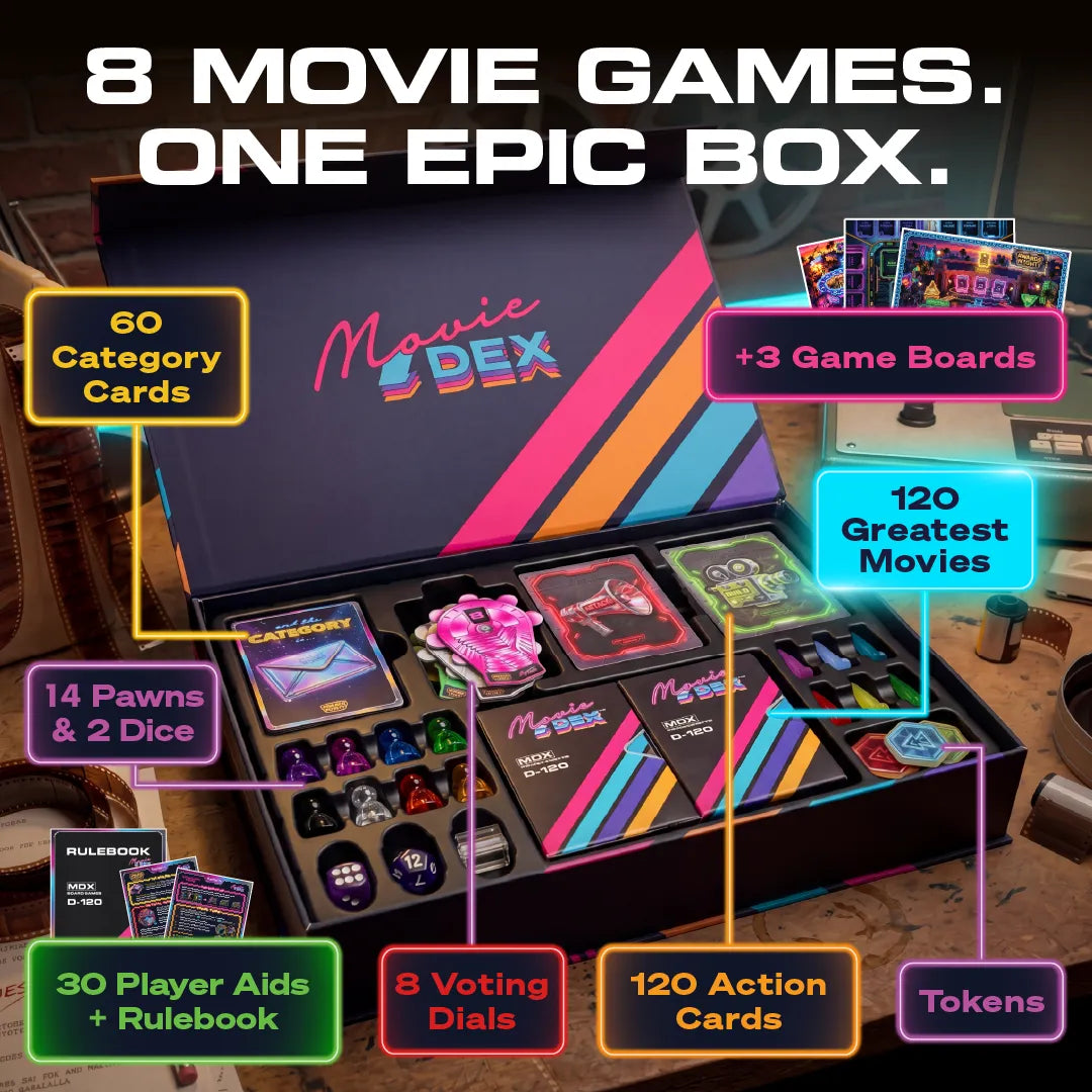 MovieDEX open — tray with all components and callouts
